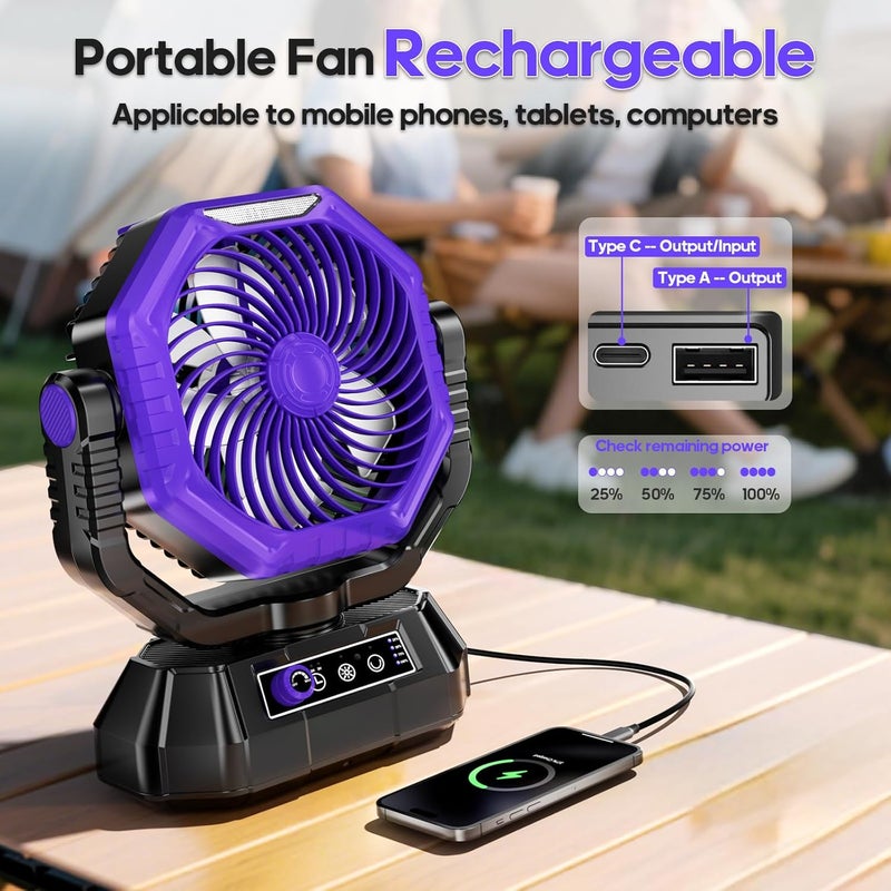 AJVV Camping Fan Rechargeable, Battery Powered Fan With Remote Controller, LED Light, Dual Motors, Stepless Speed, 45°/90°/270° Swing,Timer, Portable fan For Travel/Tent/Beach/Fishing,Violet - Image 3